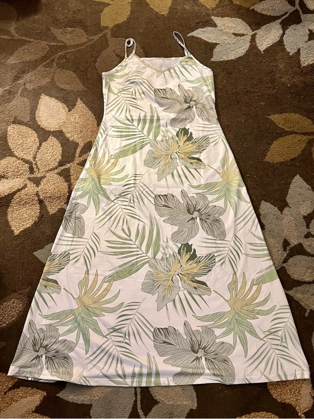 SHEIN White Dress with Green Leaf Print Sz L
